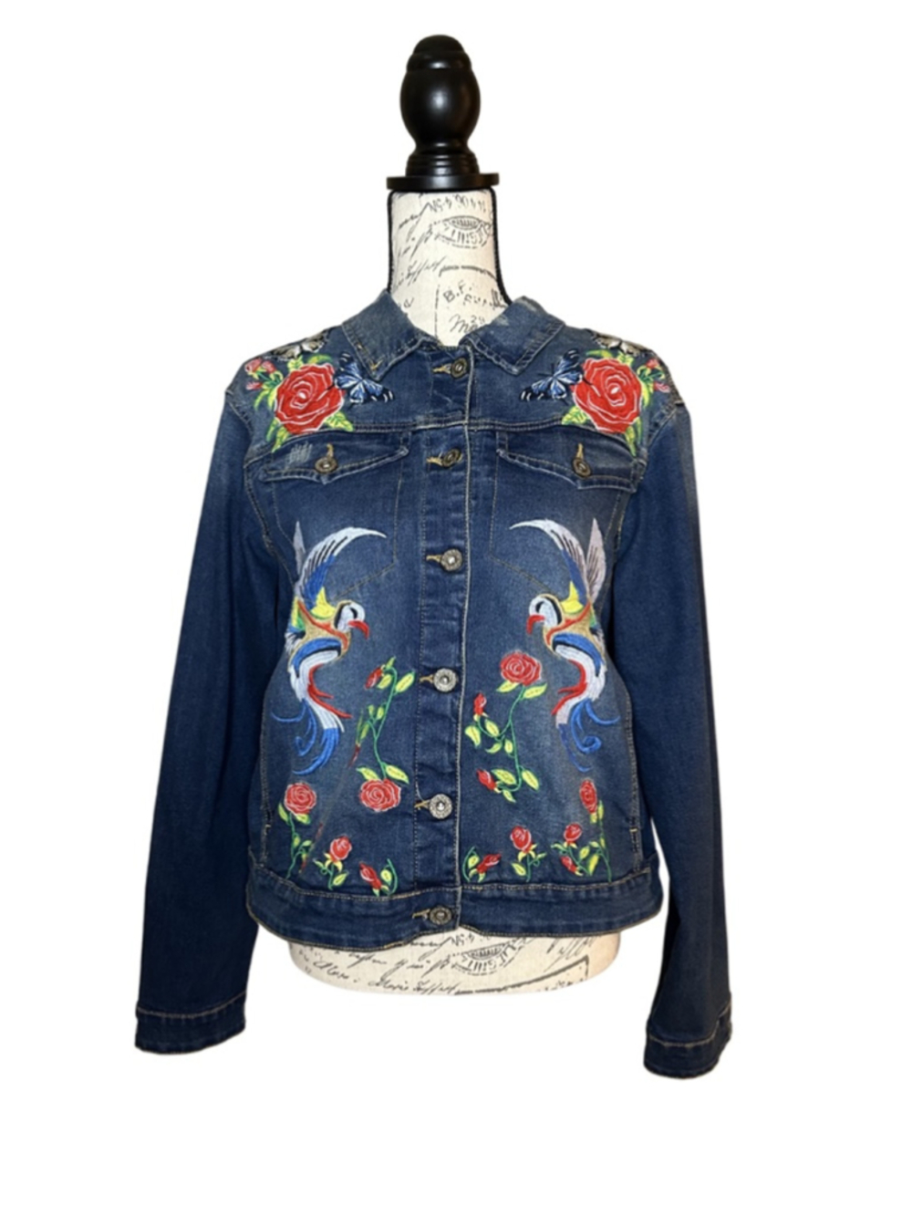 Baccini XL Distressed & Embroidered Jean Jacket w Flowers Birds & Butterflies